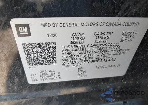 2021 Chevrolet Equinox Awd Ls из США, поврежденный, VIN 2GNAXSEV8M6141404